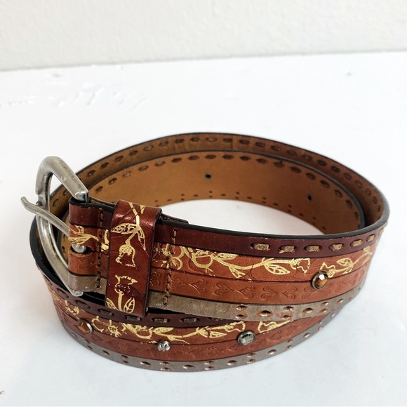 Fossil Brown Leather Tooled Rhinestone Studded Belt Size L - Picture 1 of 9